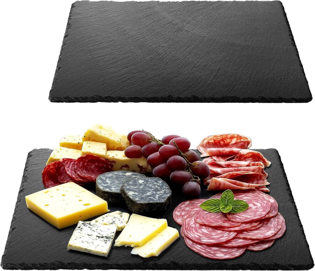 Navaris Slate Plates – Food Contact Safe Black Stone Plates – Cheese Platter Charcuterie Boards Serving Plate – Stone Slate Slab Cheese Board – Set of 2-15″ x 11″ (38 x 28 cm)