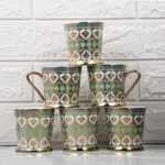 Handcrafted Ceramic Coffee Mugs – Indian Golden Tea Set of 6 (5.5 oz), Cappuccino & Latte Cups, Porcelain Tea Set