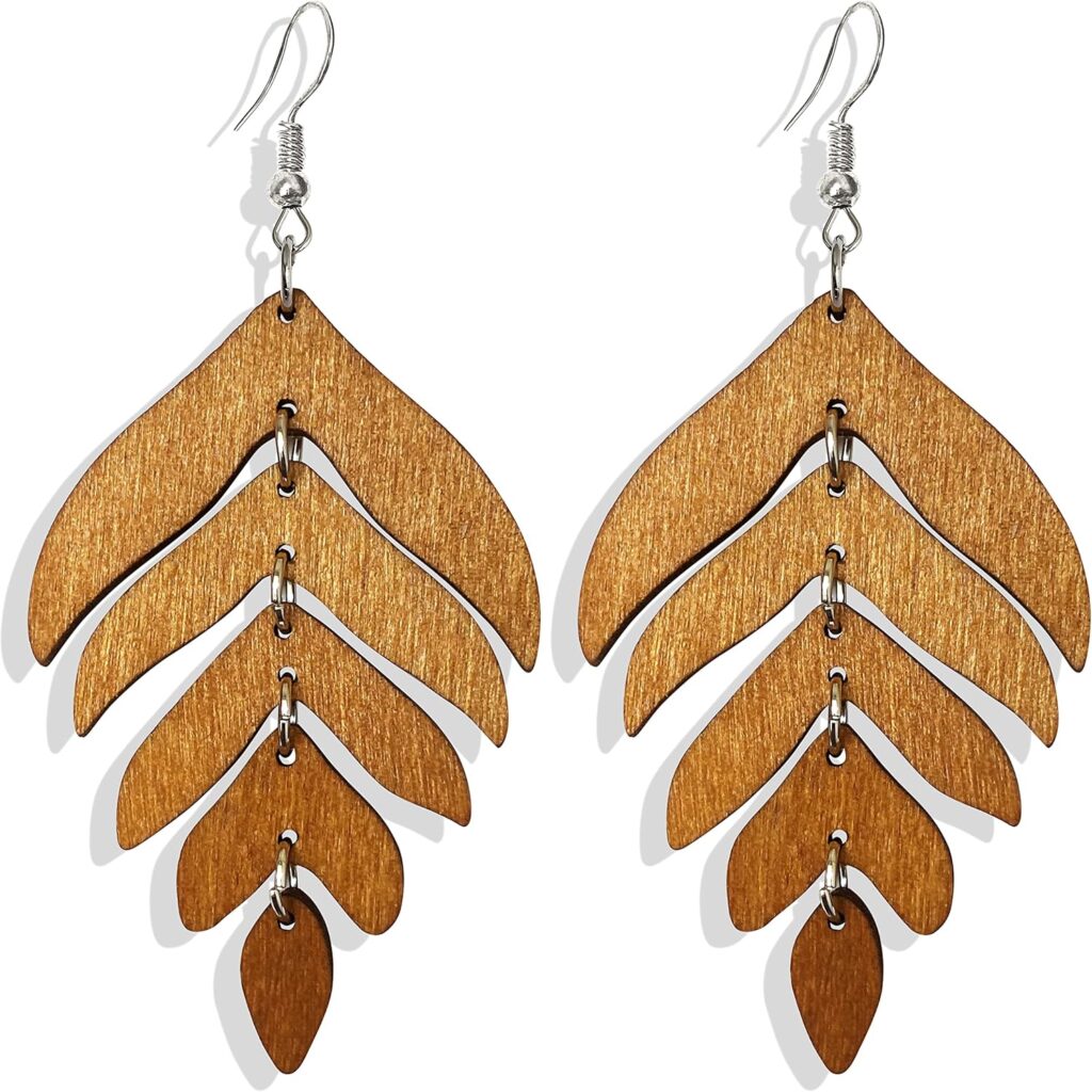 Handmade Lightweight Wooden Leaf Drop Dangle Earrings Bohemian Nature Wood Chain Leaf Earrings for Women Mom Sister Daughter
