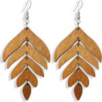 Handmade Lightweight Wooden Leaf Drop Dangle Earrings Bohemian Nature Wood Chain Leaf Earrings for Women Mom Sister Daughter
