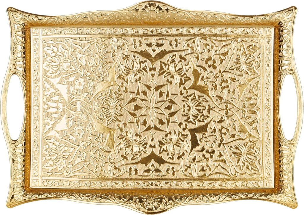 DEMMEX Engraved Turkish Tea and Coffee Serving Tray – Decorative Gold Rectangular Tray for 6, Heavy-Duty Metal, 14.5″ x 10″, Ideal for Tea and Coffee Sets, Elegant Home Accent and Centerpiece