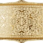 DEMMEX Engraved Turkish Tea and Coffee Serving Tray – Decorative Gold Rectangular Tray for 6, Heavy-Duty Metal, 14.5″ x 10″, Ideal for Tea and Coffee Sets, Elegant Home Accent and Centerpiece