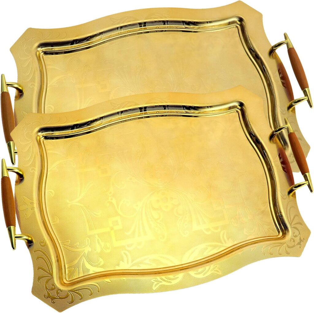 (Pack of 2) 16.9 inch x 12.1 inch Rectangular Iron Gold Plated Serving Tray with Handles Floral Engraved Party Birthday Wedding Buffet Wine Candle Decor Platter Plate Base Dish CC-1644