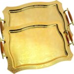 (Pack of 2) 16.9 inch x 12.1 inch Rectangular Iron Gold Plated Serving Tray with Handles Floral Engraved Party Birthday Wedding Buffet Wine Candle Decor Platter Plate Base Dish CC-1644