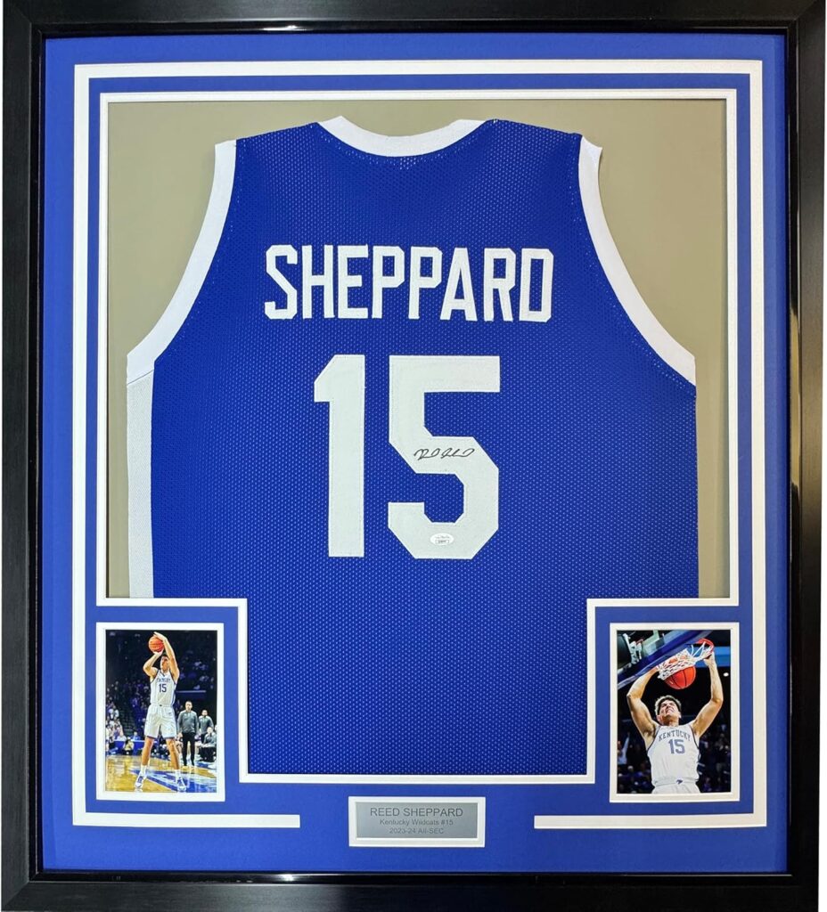 Framed Autographed/Signed Reed Sheppard 35×39 Kentucky Blue College Basketball Jersey JSA COA