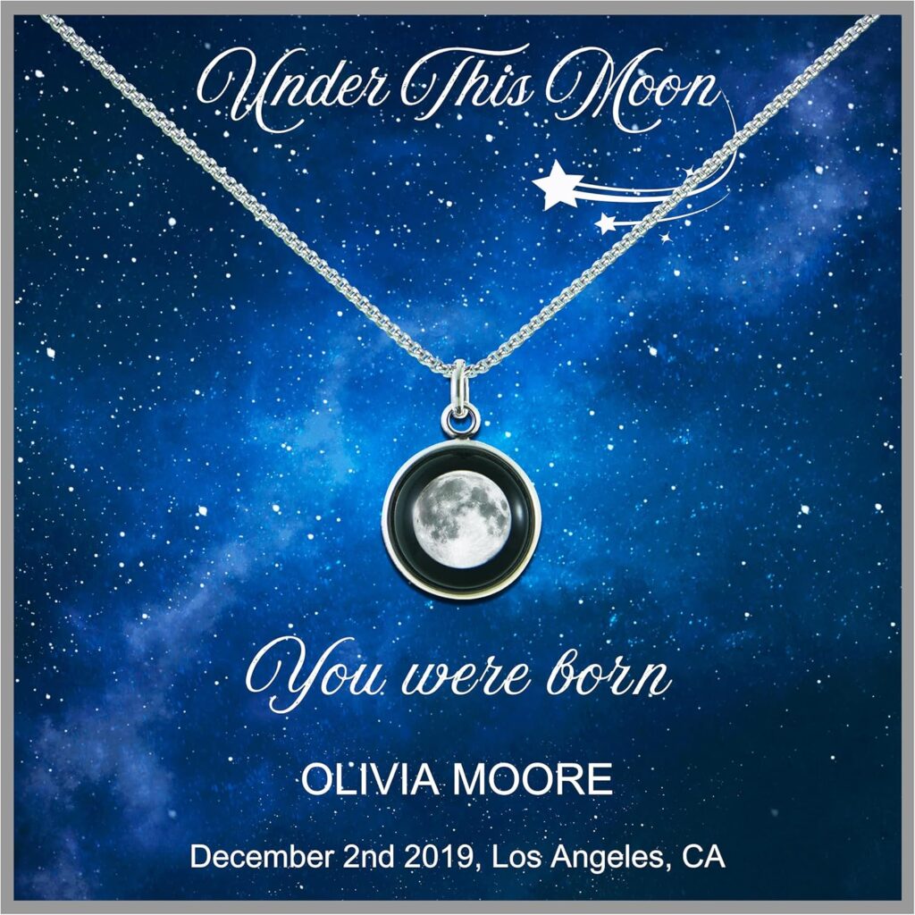 Under This Moon – Custom Moon Phase Necklace for Women – Personalized Glowing Lunar Pendant Jewelry Gift for Birthday, Anniversary, Special Date | Engraved Name Date Necklace