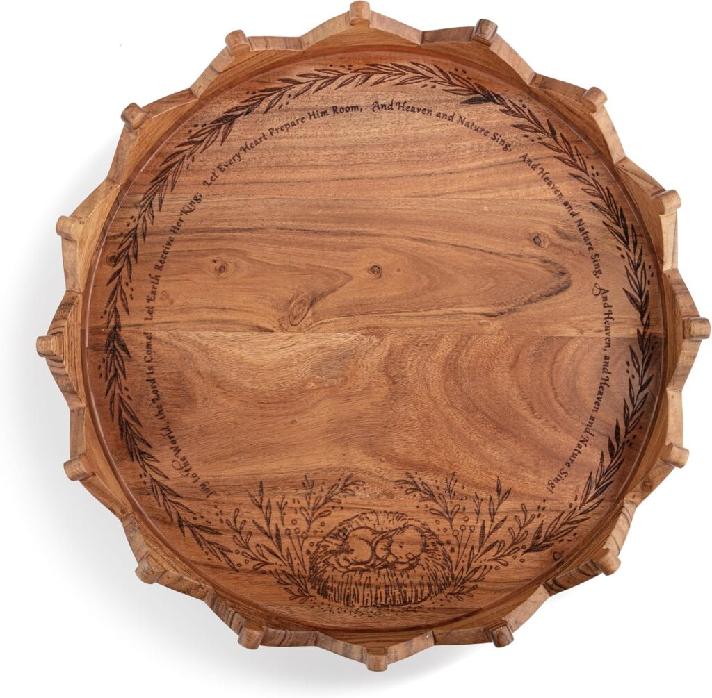 DEMDACO Christmas Journey Natural Brown 16 Inch Diameter Acacia Wood Faith Religious Engraved Decorative Crown Shape Round Handmade Holiday Entertaining Serving Tray, Joy to The World