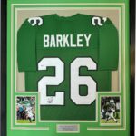 Framed Autographed/Signed Saquon Barkley 35×39 Philadelphia Kelly Green Football Jersey Beckett BAS COA