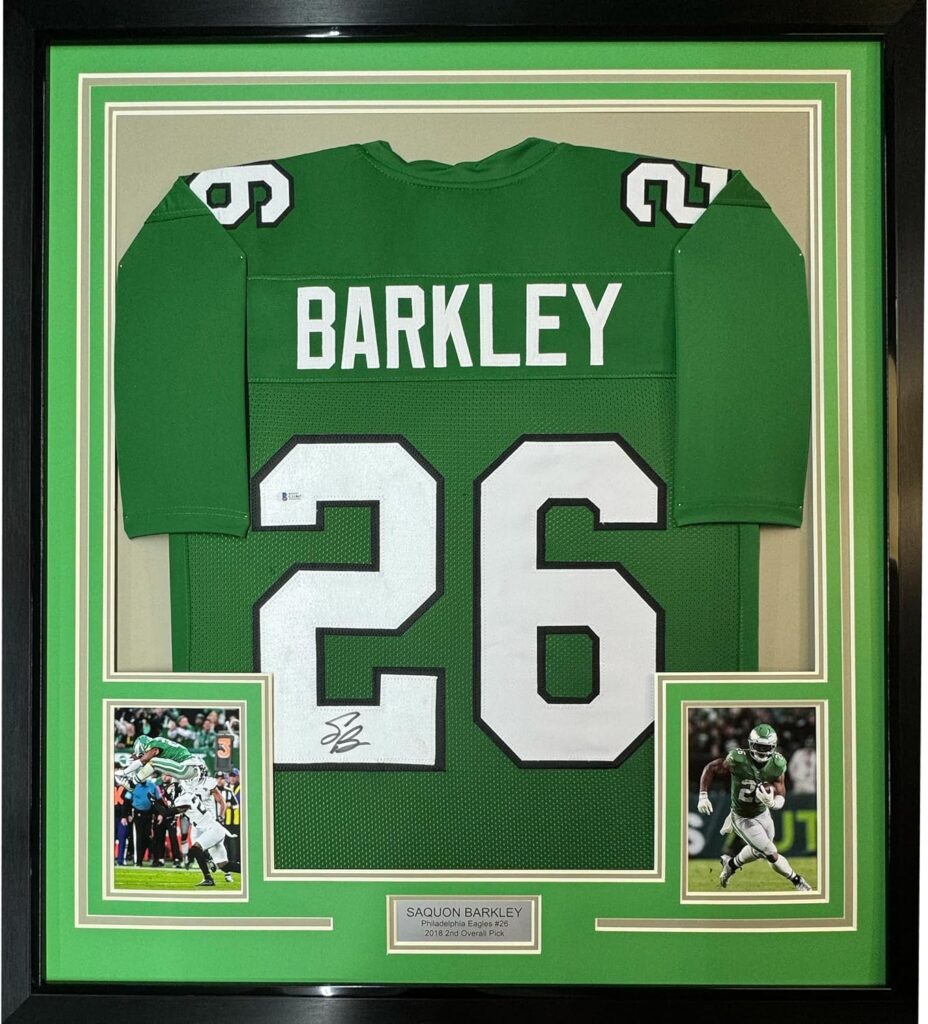 Framed Autographed/Signed Saquon Barkley 35×39 Philadelphia Kelly Green Football Jersey Beckett BAS COA