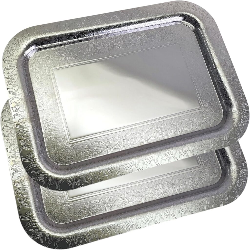 (Pack of 2) 17.1 inch x 12.4 inch Oblong Chrome Plated Serving Tray Stylish Design Floral Engraved Edge Decorative Party Wedding Dessert Buffet Décor Wine Platter Plate NC-039