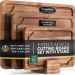 Pre-Oiled, Non Toxic 3-Piece Acacia Cutting Board Set with Stand, FSC Certified Wooden Chopping Boards with Juice Grooves for Meat. 3 Size Wood Carving Boards for Home & BBQ Kitchens by Deer & Oak