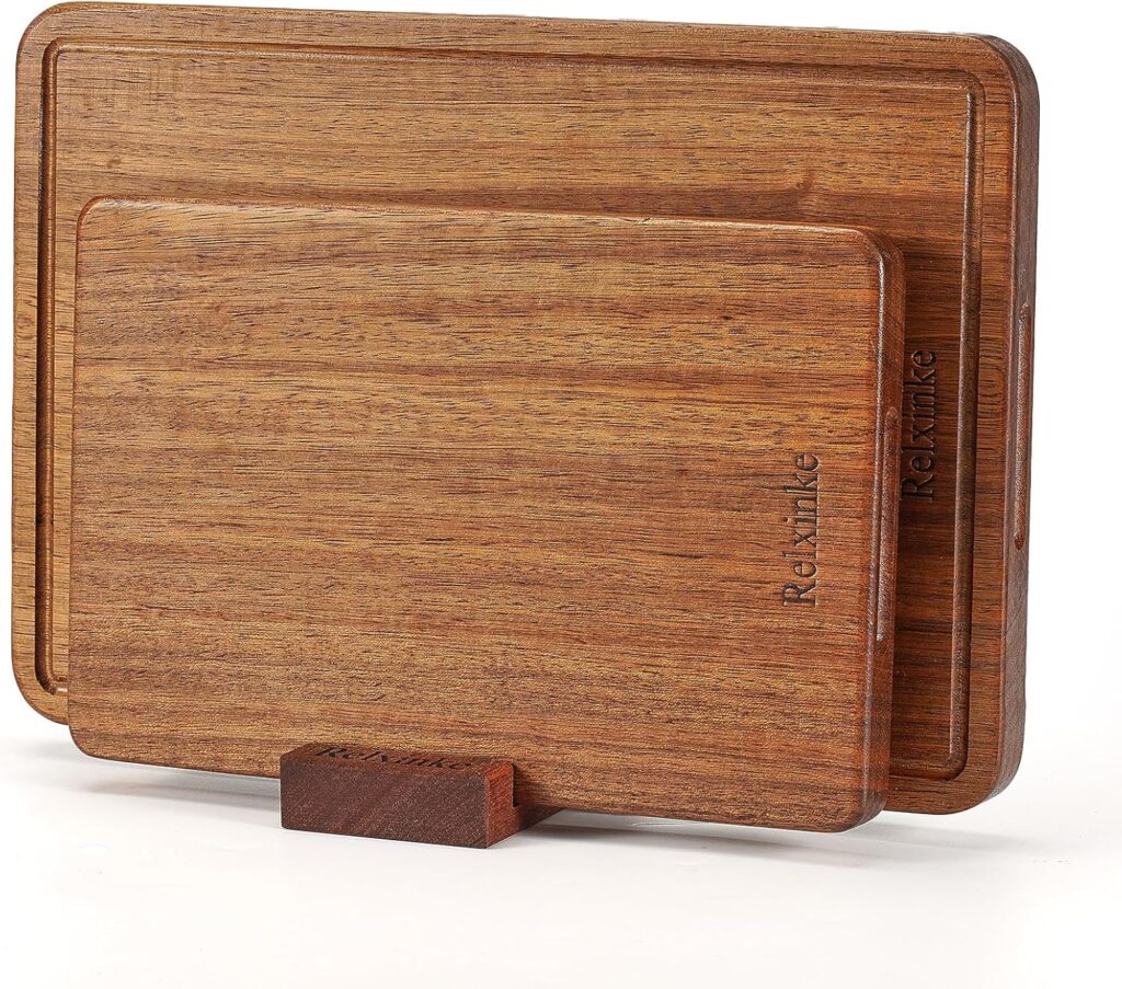 Solid Teak Wood Cutting Board Set One Piece Non Glued Large Thick Crack Resistant Wooden Chopping Board with DeepJuice Grooves Built in Handles for Kitchen Meat Vegetable 15.8×11 IN &12X8 IN