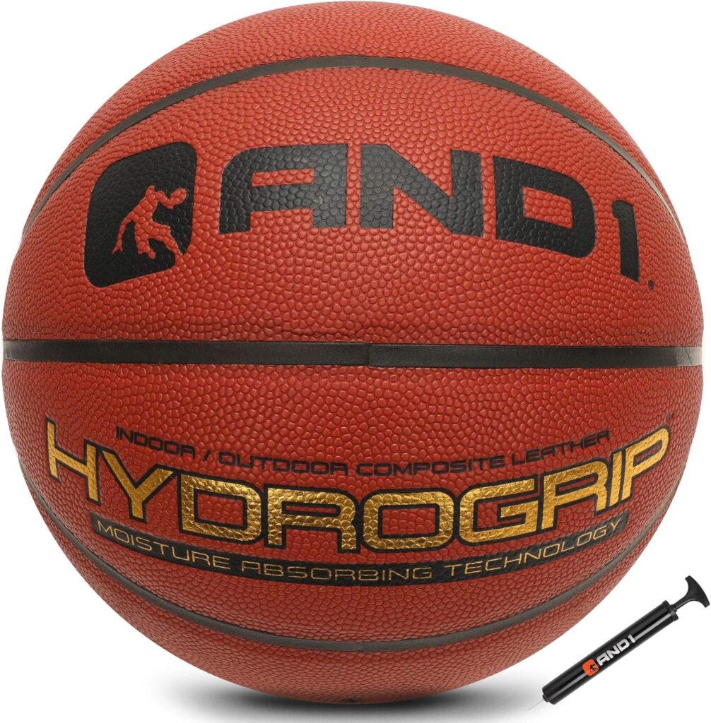 AND1 Hydrogrip Premium Composite Leather Basketball & Pump- Official Size 7 (29.5”) Moisture Wicking Streetball, Made for Indoor and Outdoor Basketball Games (Orange)