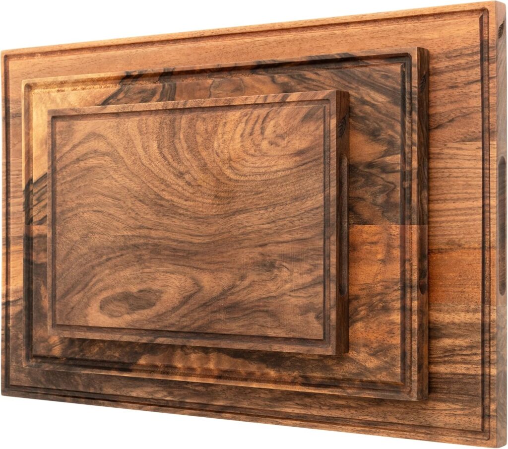Walnut Wood Cutting Boards Set – Non Toxic, Solid Wood Cutting Board with Juice Groove – Wooden Charcuterie Boards for Serving Food – Wooden Chopping Board Set – Premium Dark Hardwood – Wedding Gifts