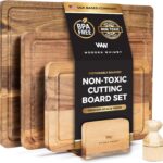 Rustic Wooden Cutting Board Set with Stand and Oil Applicator – 3-Piece Acacia Wood Butcher Block – Plastic-Free Cutting Boards for Kitchen Food Prepping, Charcuterie, and Cheeseboards