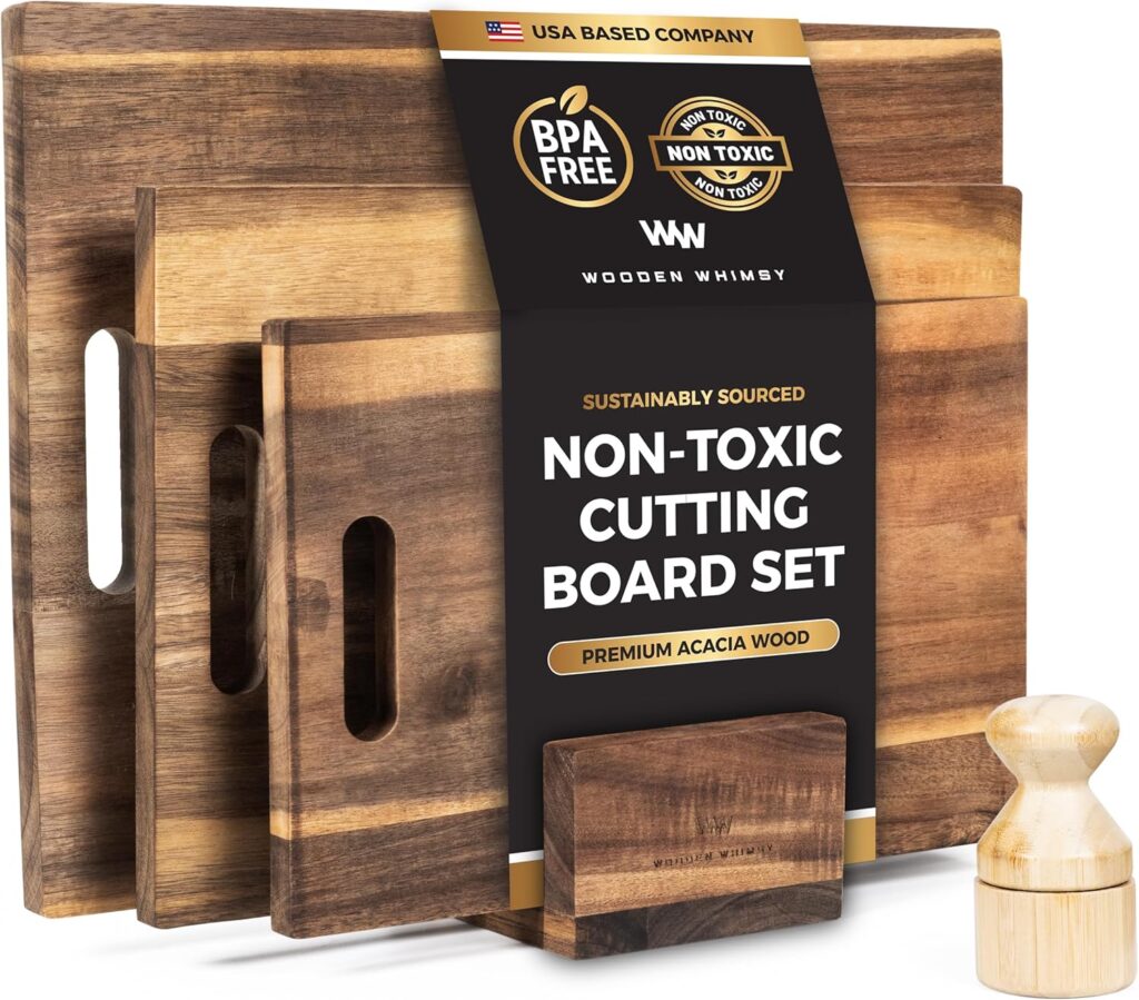 Modern Acacia Cutting Board Set with Holder and Oil Applicator- 3-Piece Wooden Kitchen Butcher Block – Solid Wood Chopping Blocks for Food Prepping, Charcuterie, and Cheeseboards