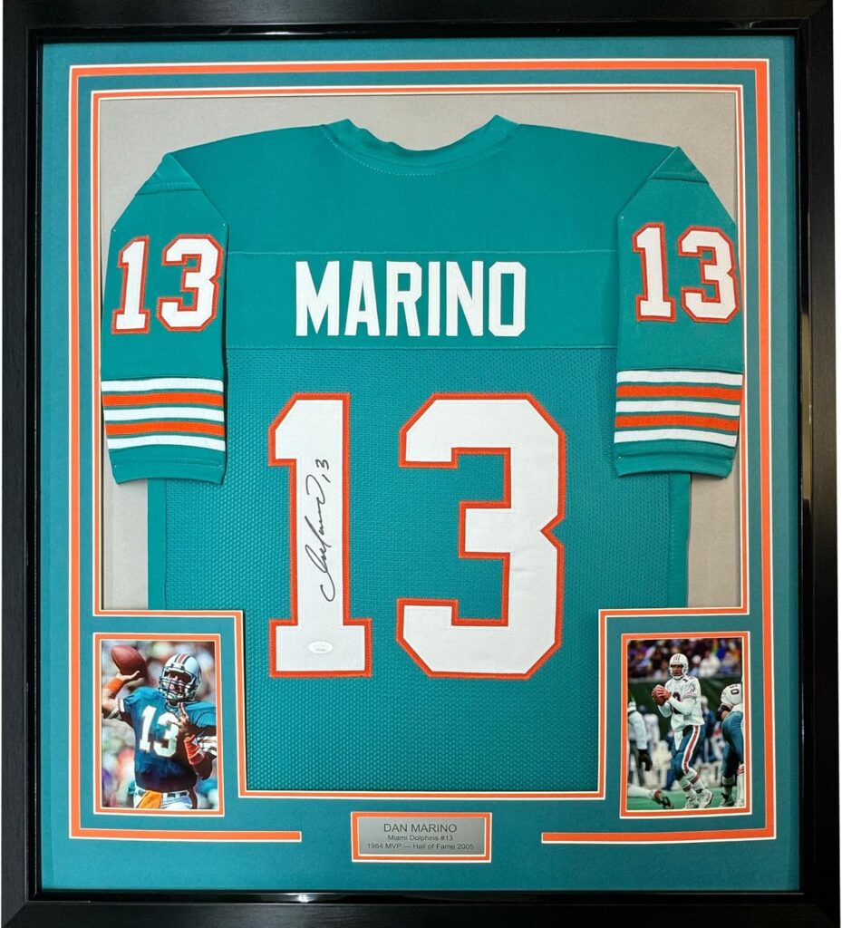 Framed Autographed/Signed Dan Marino 33×42 Miami Teal Football Jersey JSA COA