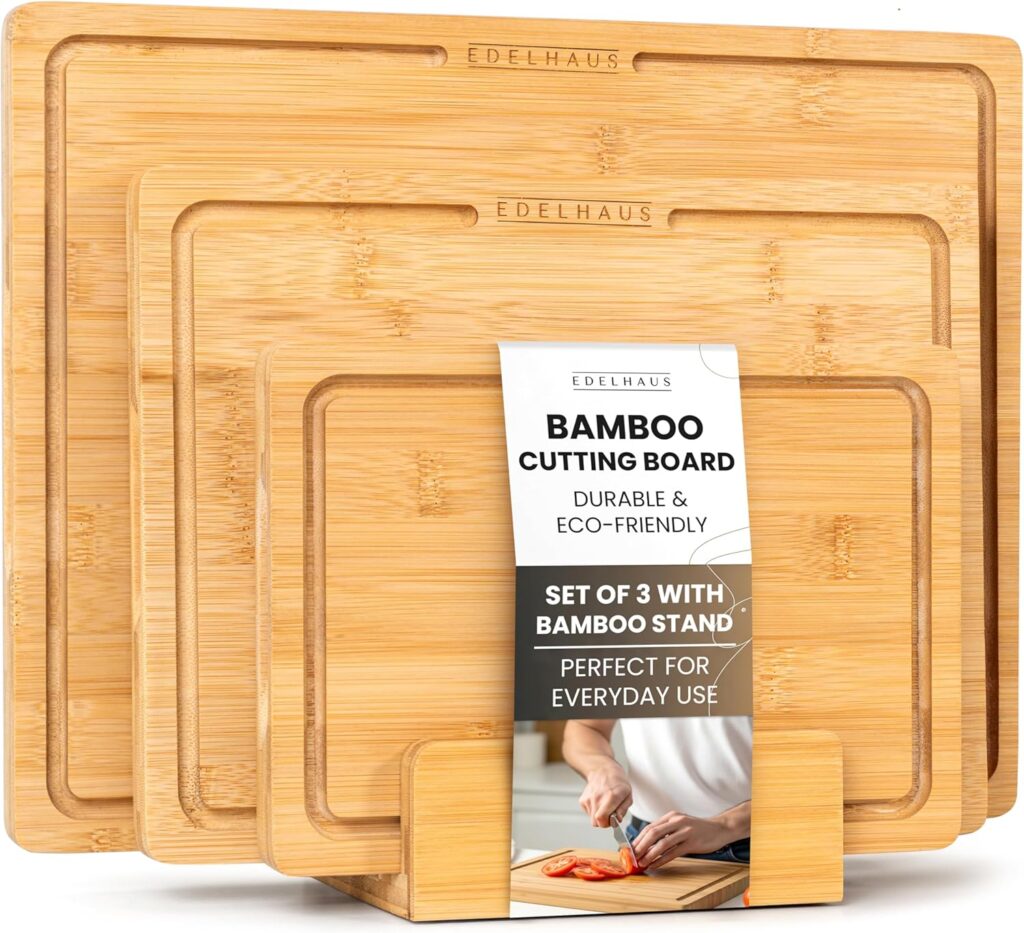 Bamboo Wooden Cutting Boards for Kitchen, Cutting Board Set of 3, Chopping Boards with Juice Groove for Meat, Cheese & Vegetables – Durable, Double sided wood cutting board with serving Compartments