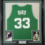 Framed Autographed/Signed Larry Bird 33×42 Boston Green Basketball Jersey PSA/DNA COA