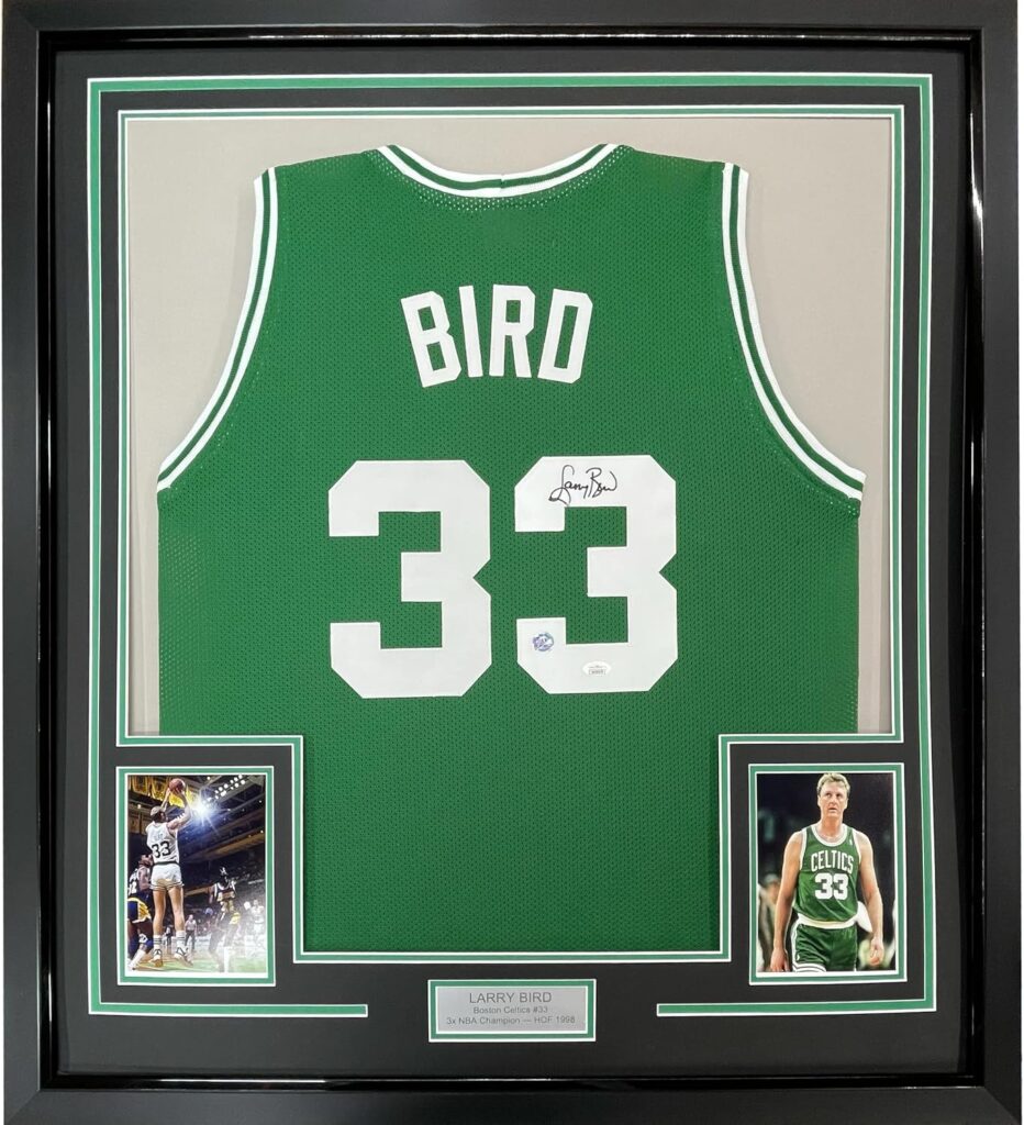 Framed Autographed/Signed Larry Bird 33×42 Boston Green Basketball Jersey PSA/DNA COA