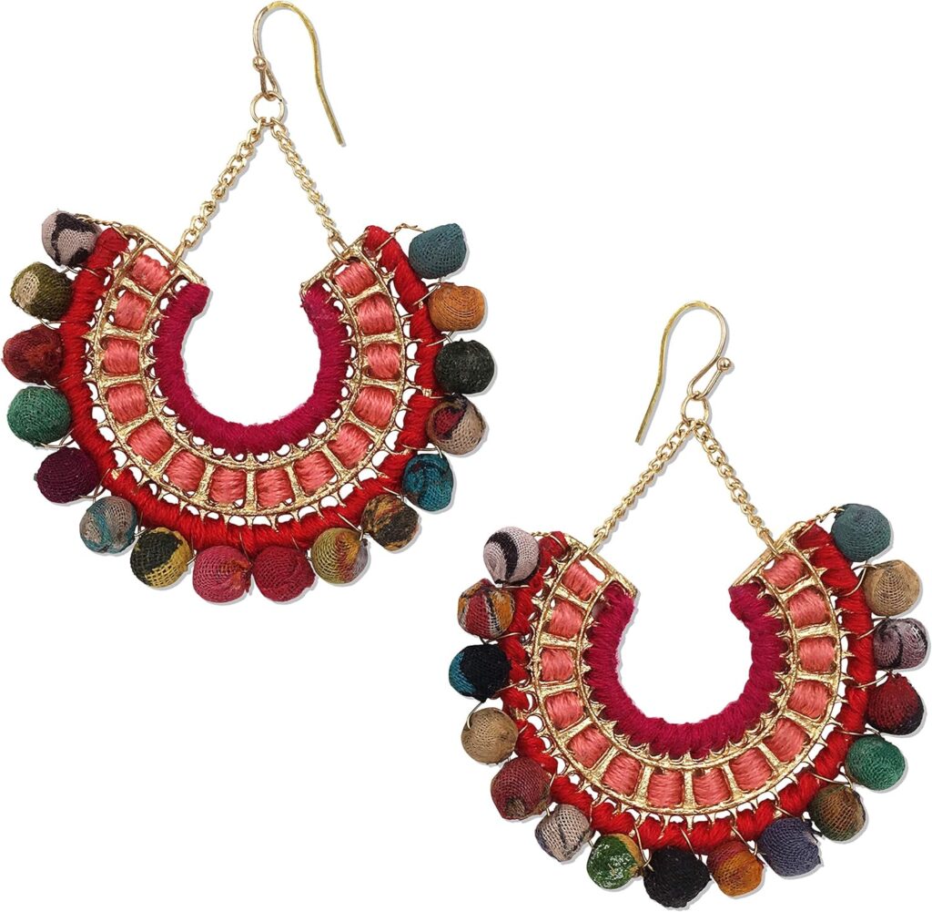 Handmade Earrings for Women Colorful Upcycled Fabric Beads Boho Statement Drop Dangle Style