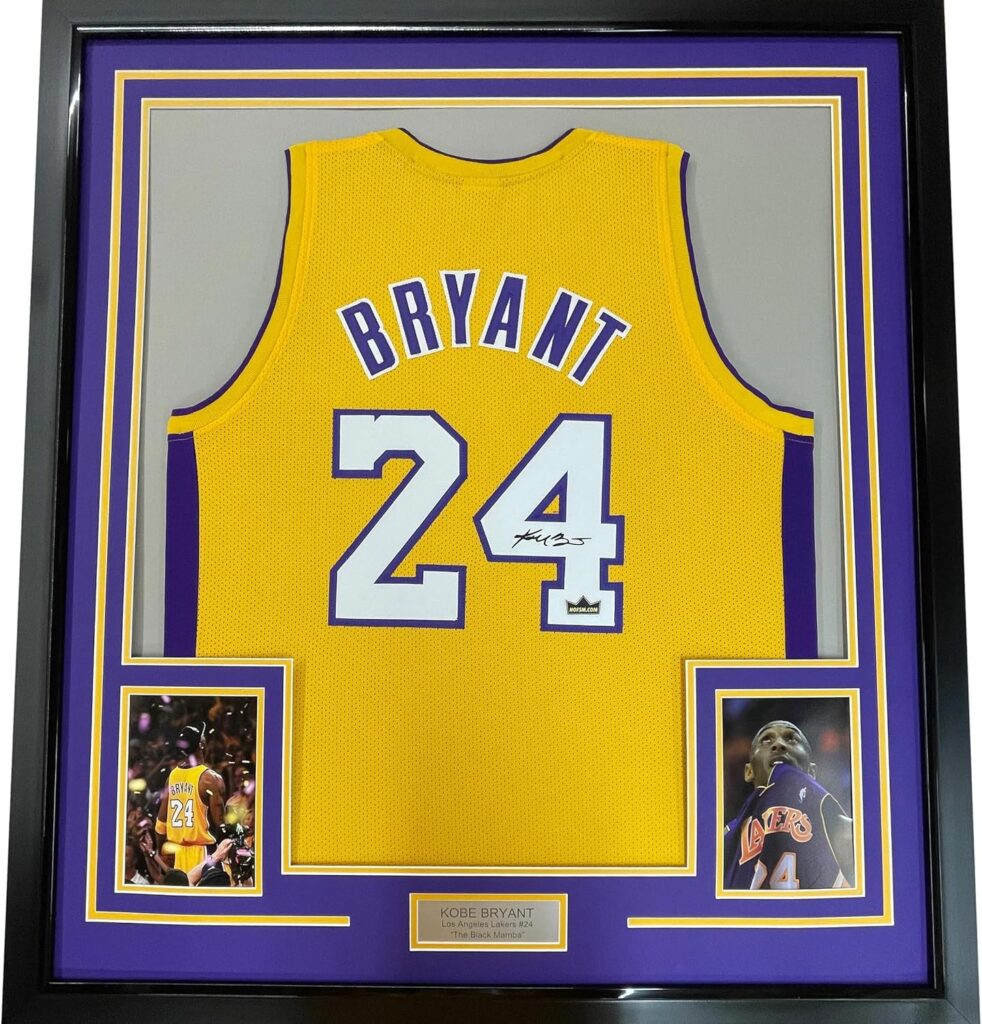 Framed Facsimile Autographed Kobe Bryant #24 35×39 Los Angeles LA Yellow Reprint Laser Auto Basketball Jersey