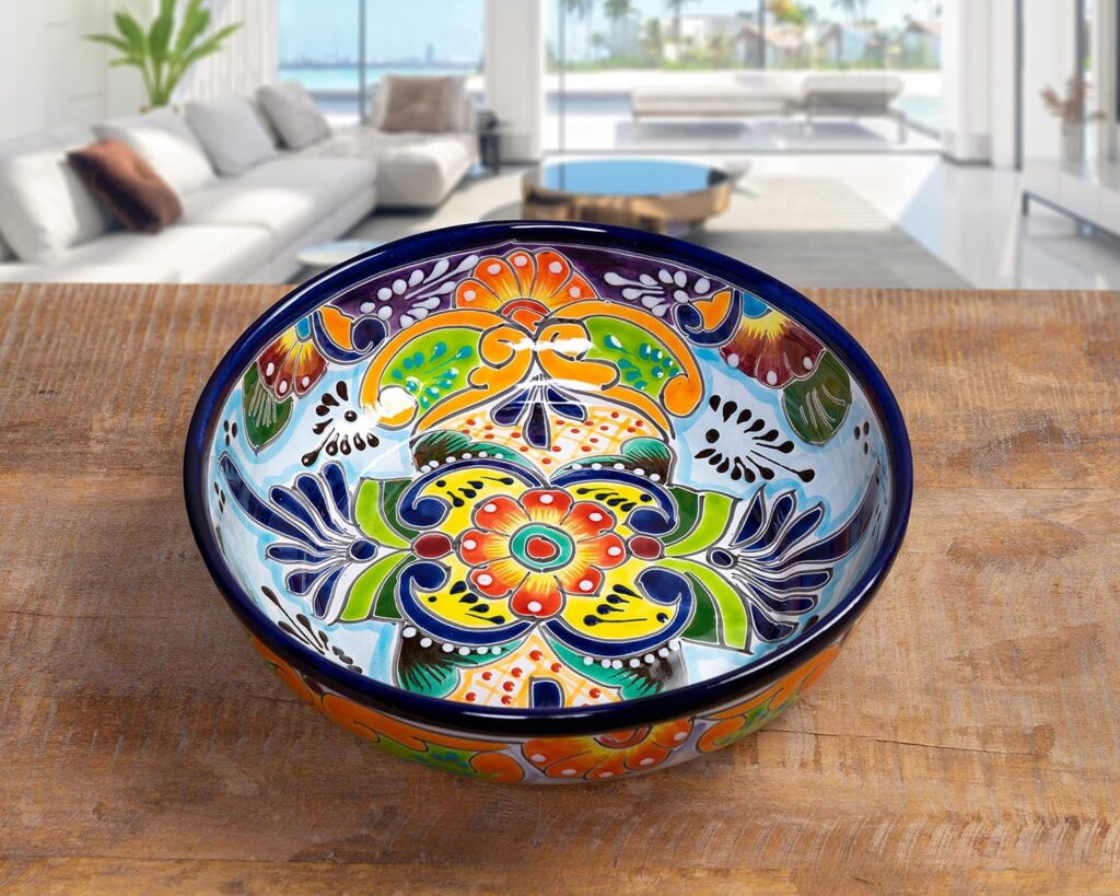 Mexican Talavera Pottery Large Serving Bowl, Handpainted Ceramic Pasta Bowl, Fruit Bowl, Hand Crafted Decorative Bowl for Salad Party Serving Bakeware Handmade Mexico Kitchen Art Unique Gift Platter