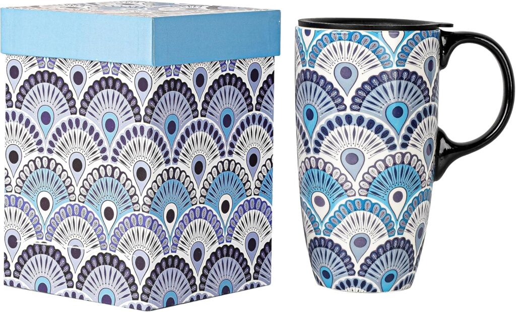 17oz Ceramic Coffee Travel Mug with Handle & Splash-Resistant Slider Lid, Large Capacity Porcelain Tall Tea Art Cup with in Color Box, 6.5″ H Peacock Mug