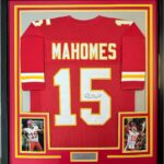 Framed Autographed/Signed Patrick Mahomes 35×39 Kansas City Red Football Jersey JSA COA