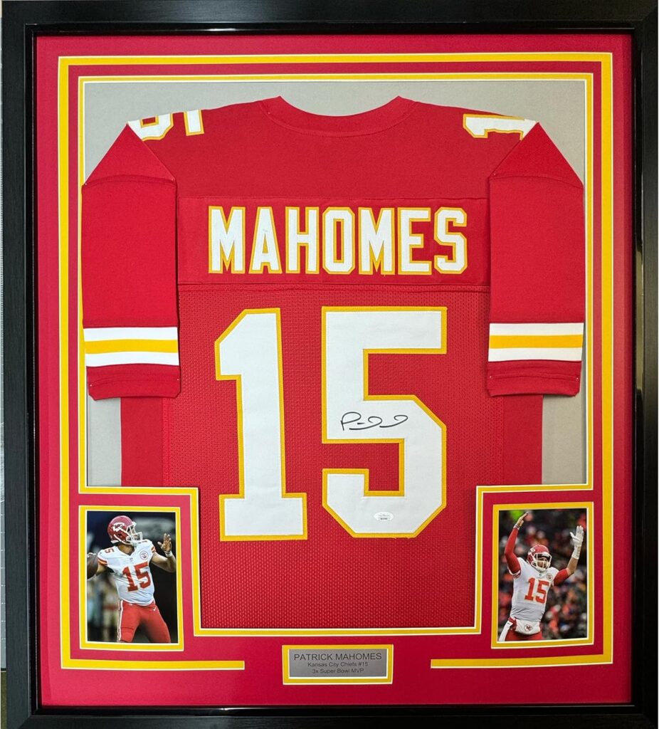 Framed Autographed/Signed Patrick Mahomes 35×39 Kansas City Red Football Jersey JSA COA