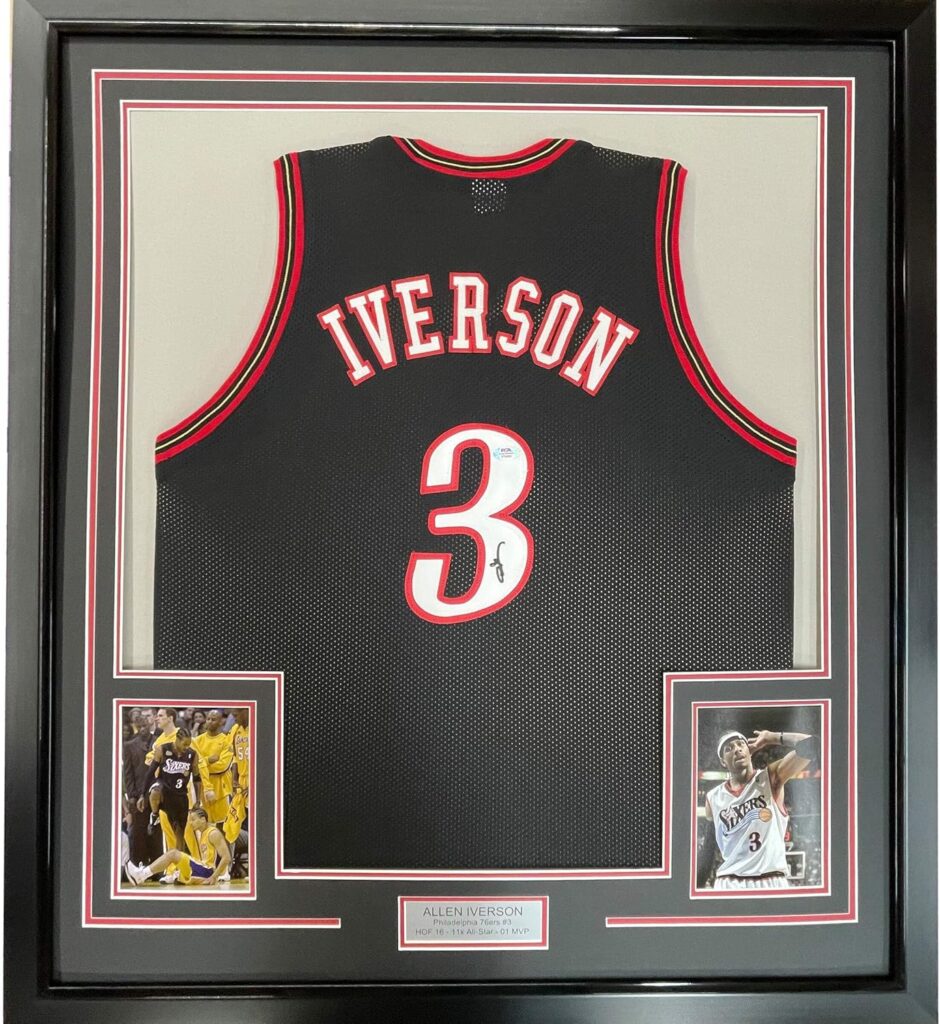 Framed Autographed/Signed Allen Iverson 33×42 Philadelphia Black Basketball Jersey JSA COA
