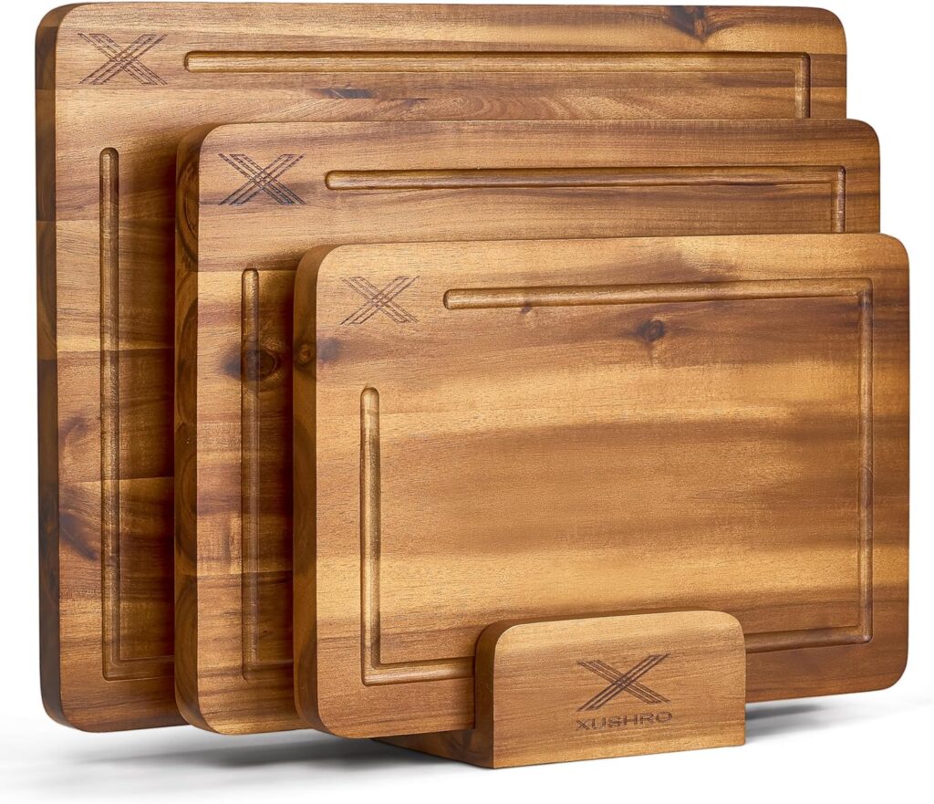 Acacia Wood Cutting Board Set of 3 (16 x 12/14 x 10/12 x 8), Natural – 0.8 in Extra Thick Wooden Chopping Boards with Deep Juice Grooves – Non-Slip, Non-Toxic & Durable Boards for Meat & Vegetables