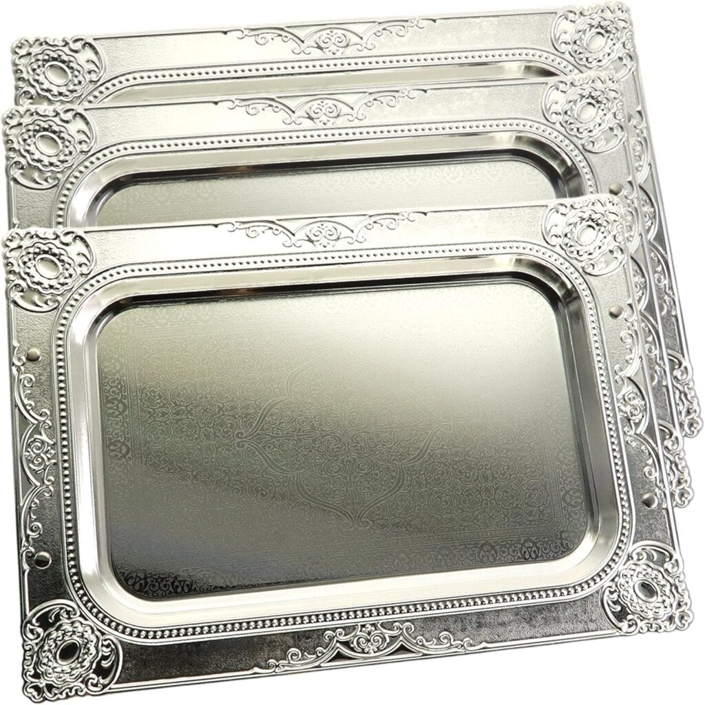 (Pack of 3) 14.2 inch x 10.2 inch Rectangular Chrome Plated Silver Serving Tray Stylish Floral Engraved Decorative Party Wedding Dessert Buffet Decor Platter Plate NC-245