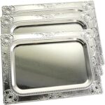 (Pack of 3) 14.2 inch x 10.2 inch Rectangular Chrome Plated Silver Serving Tray Stylish Floral Engraved Decorative Party Wedding Dessert Buffet Decor Platter Plate NC-245