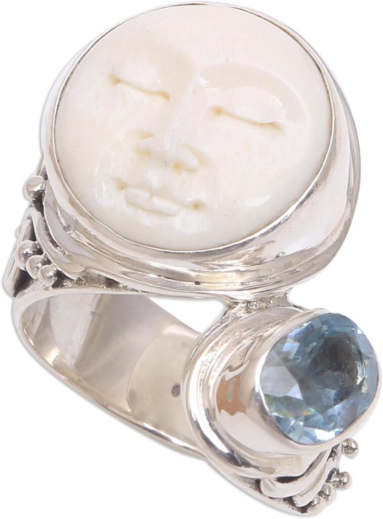 NOVICA Artisan Handmade Blue Topaz Cocktail Ring Bone Face from Bali .925 Sterling Silver Indonesia Birthstone Gemstone ‘Sparkling Face’