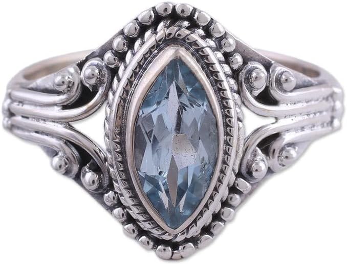 NOVICA Artisan Handmade .925 Sterling Silver Blue Topaz Single stone Ring from India Cocktail Gemstone Birthstone ‘Morning Luxury’