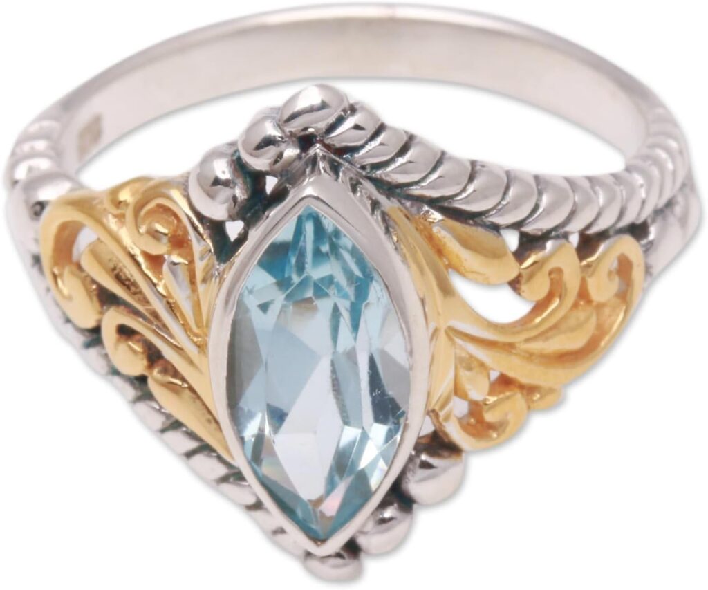 NOVICA Artisan Handmade 18k Gold Accented Blue Topaz Singlestone Ring Marquise .925 Sterling Silver Cocktail Indonesia Birthstone Gemstone ‘Marquise Order’