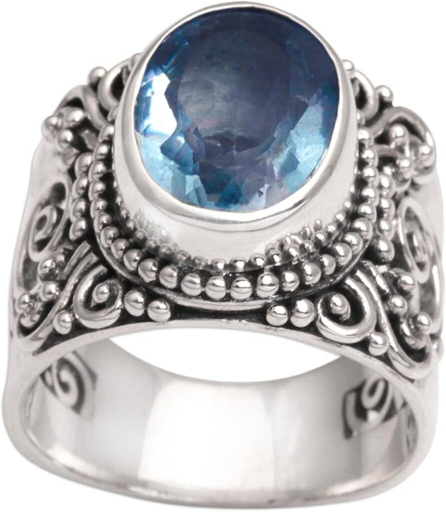 NOVICA Artisan Handmade Blue Topaz Single Stone Ring .925 Sterling Silver from Bali Cocktail Indonesia Gemstone Birthstone ‘Glorious Vines’
