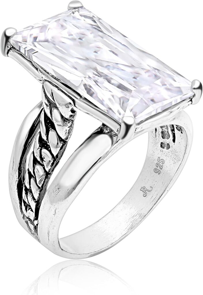 JEAN RACHEL JEWELRY 925 Sterling Silver Ring – Curb Chain with Baguette Cubic Zirconia Vintage Design – Hypoallergenic, Lead & Nickel Free – Artisan Handcrafted Statement Rings for Women