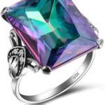 AZQ 925 Sterling Silver Fashion Natural Topaz Ring 5ct Square Perfect Cut Rainbow Topaz Gemstone Promise Rings CZ Eternity Engagement Wedding Band Ring for Women