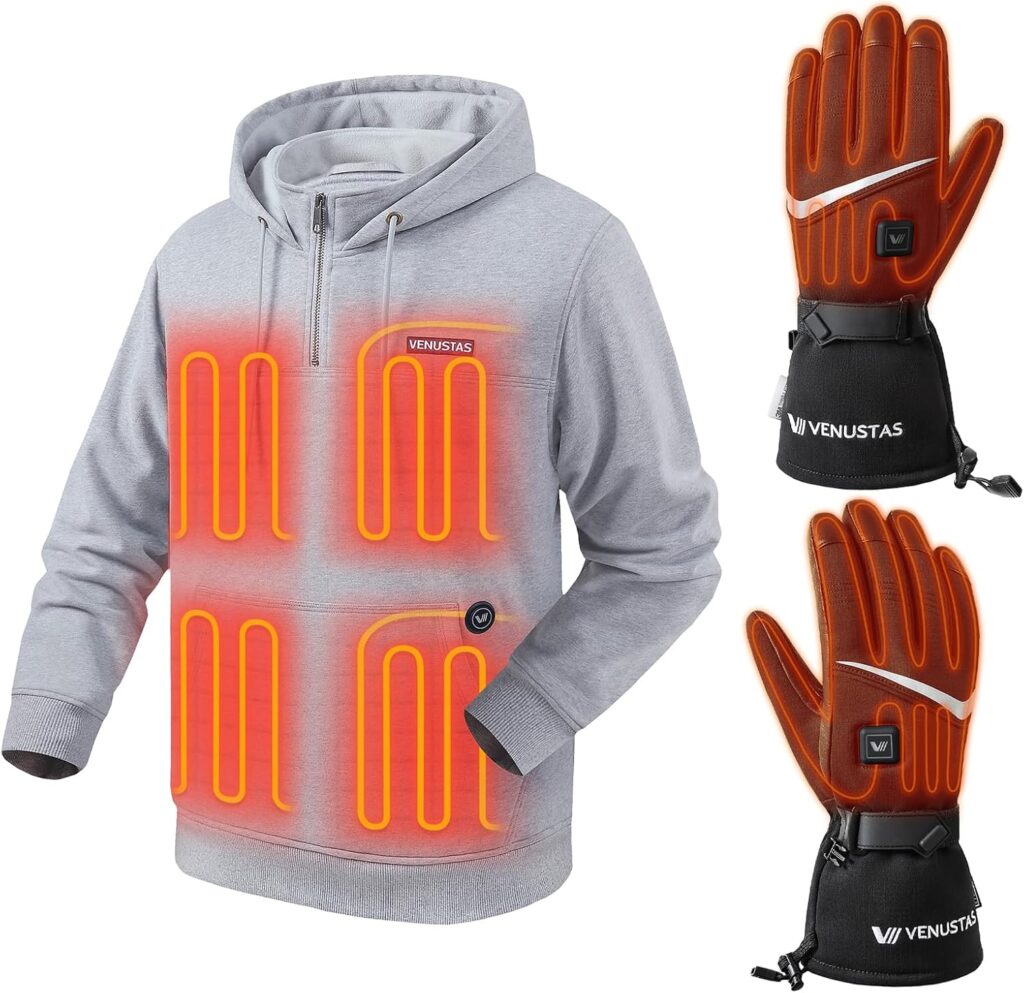 Venustas Unisex Quarter-Zip Heated Hoodie(Heather Gray, M) & Heated Gloves(Black, M), 6-Zone Heat with Battery for Men & Women