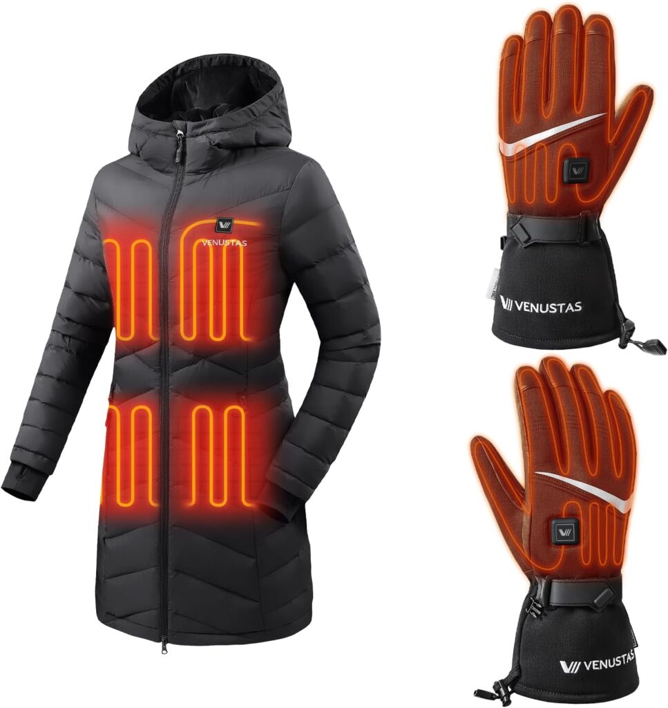 Venustas Women’s Heated Down Jacket(Black, L) & Heated Gloves(Black, L), 90% Duck Down Puffer Coat with Battery for Skiing & Winter