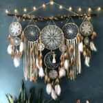 Set of 5 Boho, Hanging Large Boho Dream Catcher Wall Hanging Moon Dream Catcher Set Dream Catchers Wall Decor for Vintage Wedding Home Decorations (Camel)
