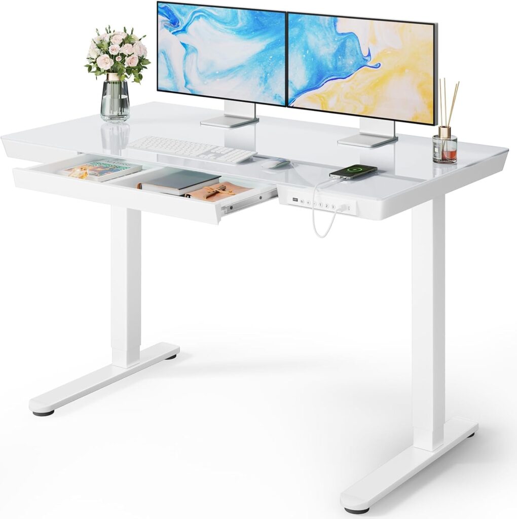 Marsail Glass Standing Desk with Drawer, 48×24 inch,Sit Stand Desk with One-Piece Tabletop & USB Charging Ports, Computer Table with Storage for Home & Office White