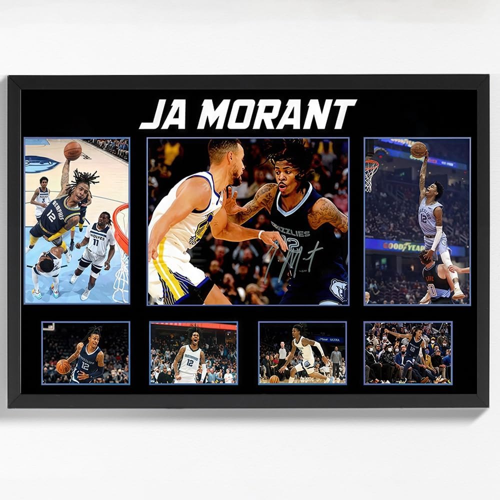 Black Framed Basketball Superstar Ja Morant Signed Poster For Kids Fans Room Bedroom Wall Decor-Canvas Art Print Pictures For Teen Boy Birthday Gifts