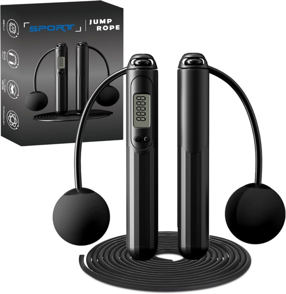2-in-1 Weighted Jump Rope with Counter – Corded & Cordless Skipping Rope with LCD Display, Adjustable Length Steel Ball Bearings Jumping Rope for Adults Fitness, Home Gym Workout