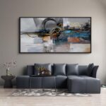 XLSJERST Large Abstract Frame Wall Art – Black and Blue Cnavas Framed Artwork for Walls Modern Minimalist Boho Gray Pictures Wall Decor for Living Room Bedroom Office Home Decoration 29×58 Inches