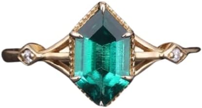 Elongated Hexagon Emerald Ring Yellow Gold Plated Engagement Ring Prong Set Gemstone Jewelry Art Deco Bridal Ring Jewellery Gift For Women BY ABEST JEWELRY