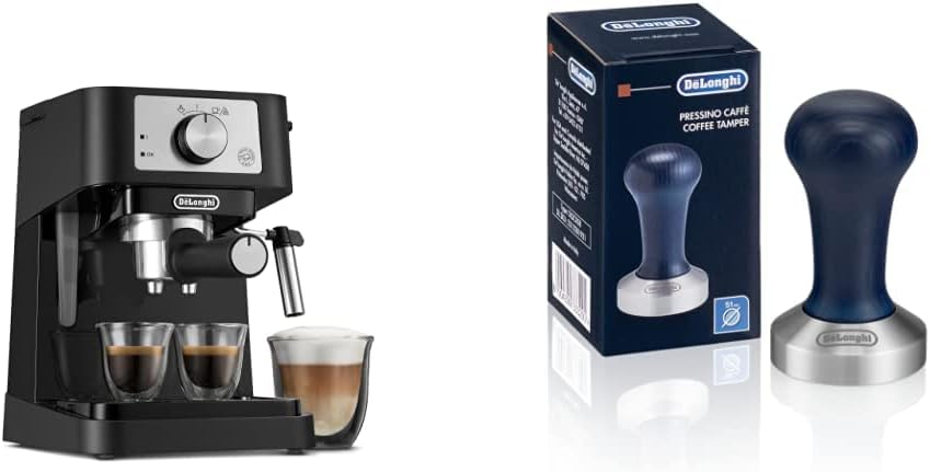 De’Longhi Stilosa Manual Espresso Machine, Latte & Cappuccino Maker, 15 Bar Pump Pressure + Manual Milk Frother Steam Wand, Black/Stainless, EC260BK & DLSC058 Coffee Tamper