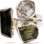 Moldavite Ring, Black Tourmaline, Herkimer Diamond Ring Czech Republic Natural Gemstone 925 Solid Sterling Silver Handmade Jewelry